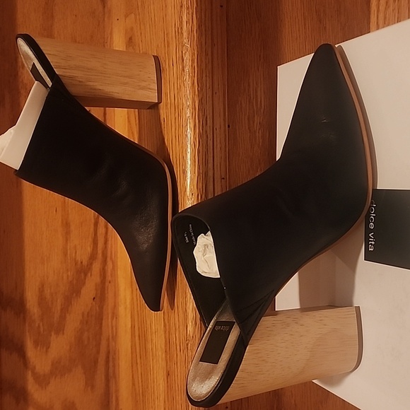 NIB Dolce Vida "Enyo" Black Leather Pointed Toe Mules Wood Heels 9.5M - Picture 7 of 13